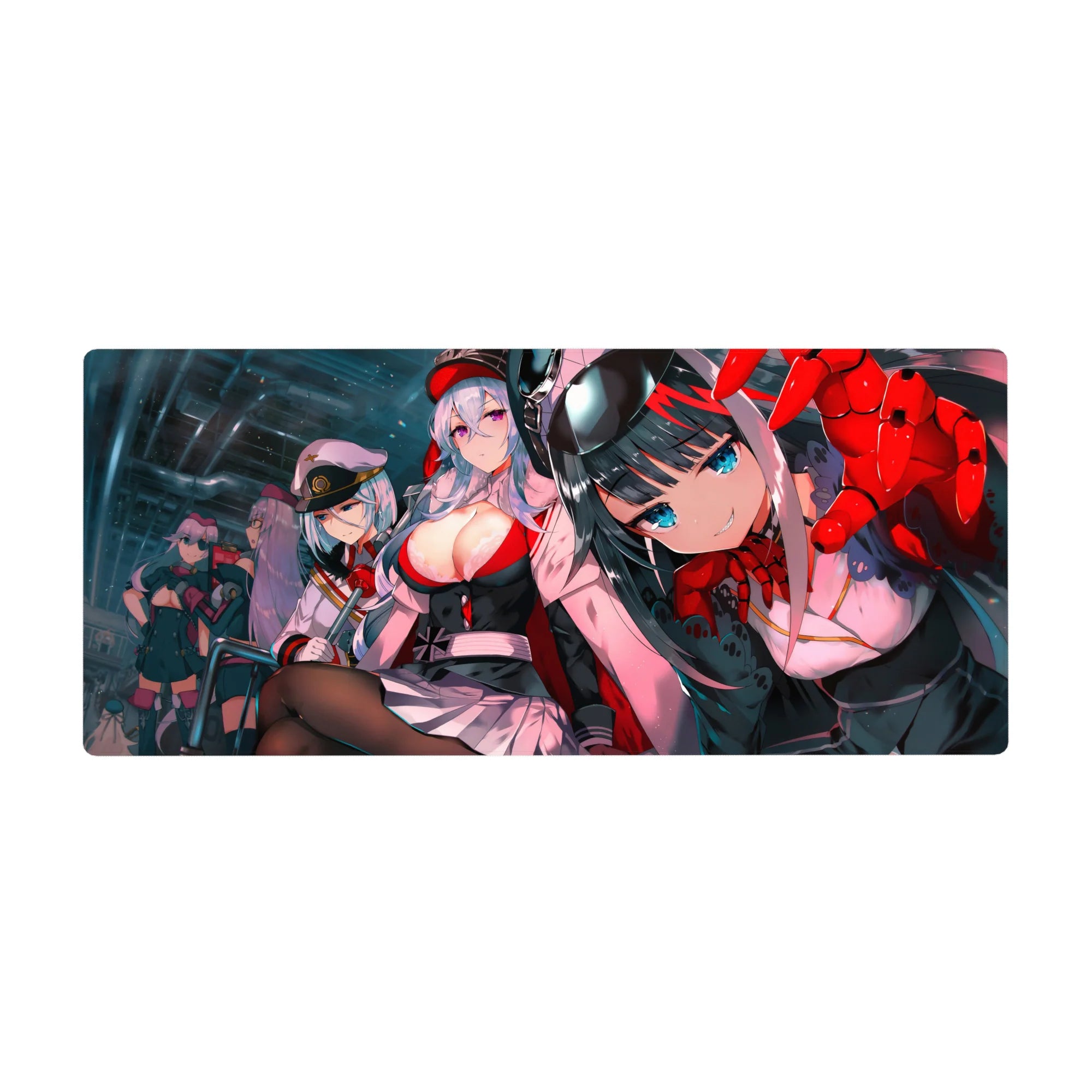 Anime girl desk pad 36x16 inches with cockpit hangar squad, caps and uniforms, sci-fi panel backdrop.