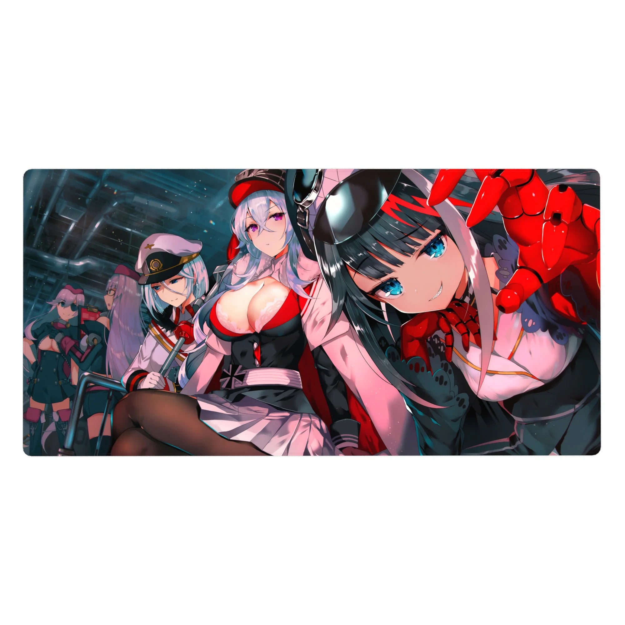 Anime girl desk pad 40x20 inches with cockpit hangar squad, caps and uniforms, glossy sci-fi panels.
