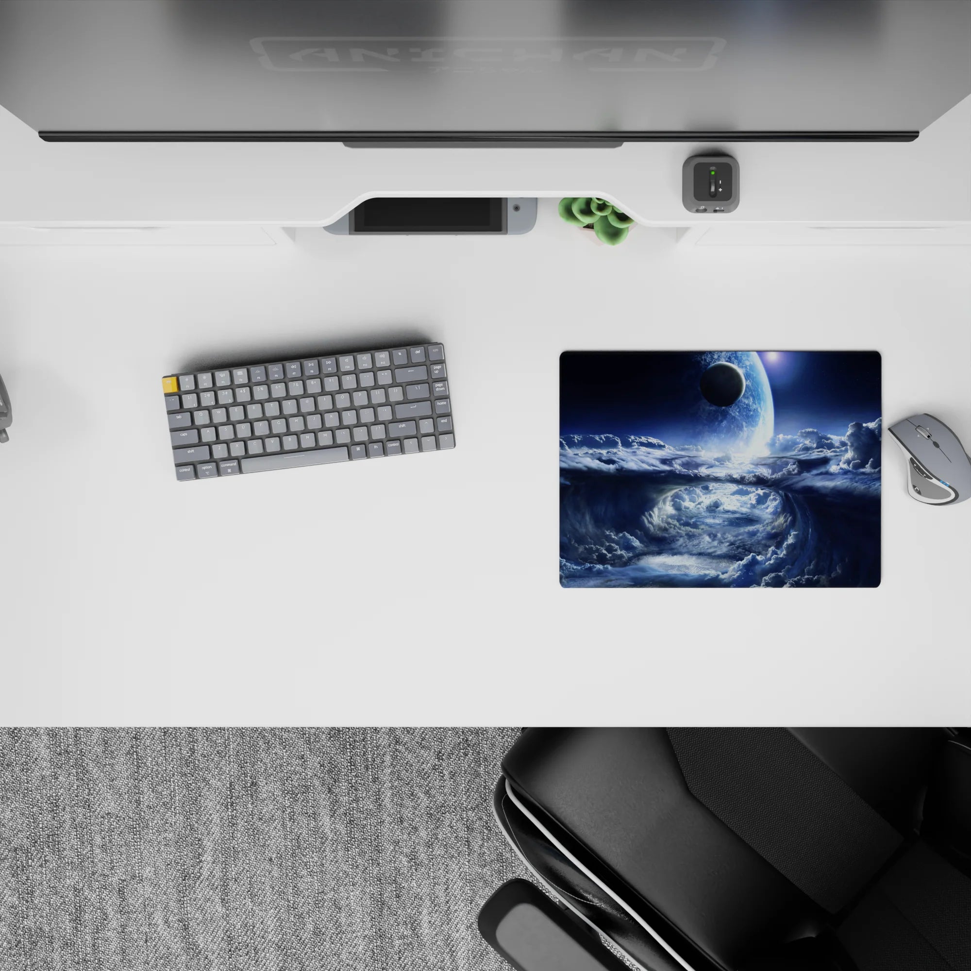 Cool blue to deep navy cosmic calm classic mouse pad with silver mist edges, 14x10 inches.