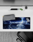 Cool blue to deep navy cosmic calm mouse pad with silver mist edges, 28x12 inches.
