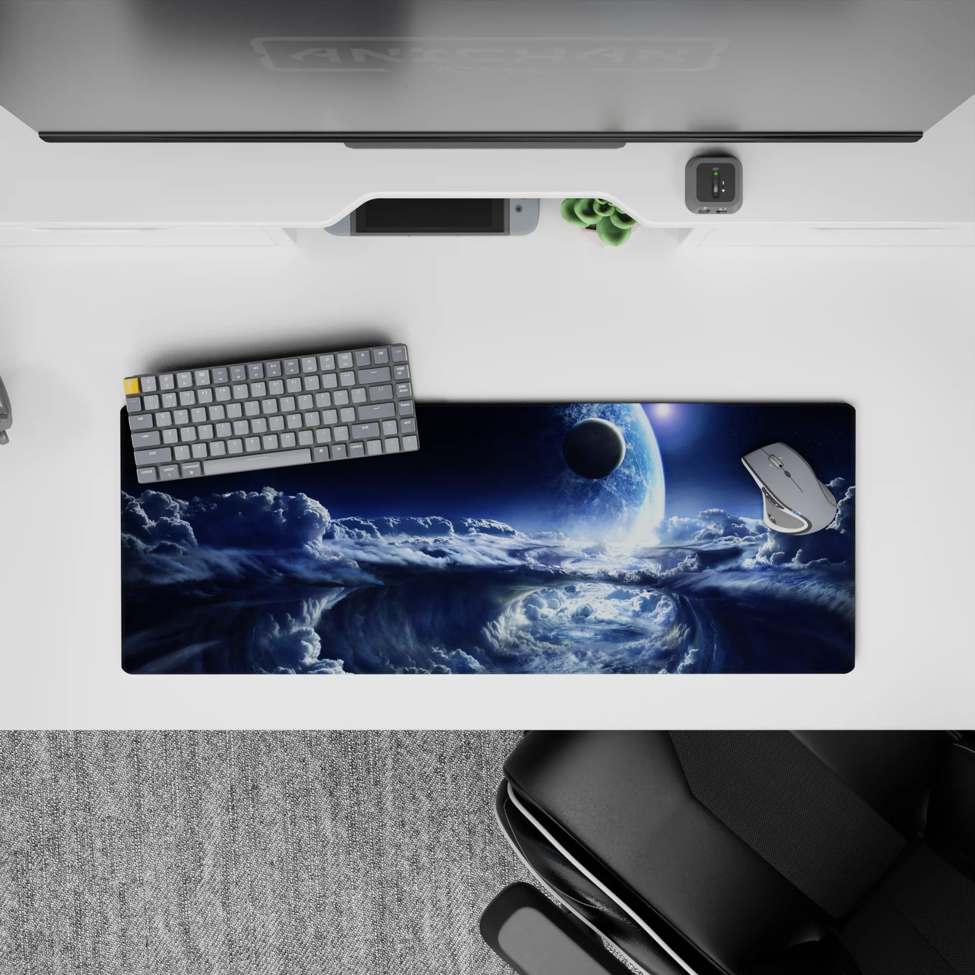 Cool blue to deep navy cosmic calm desk mouse pad, 32x12 inches, with soft silver haze and smooth glide.