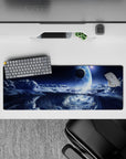 Cool blue to deep navy cosmic calm desk mouse pad, 32x12 inches, with soft silver haze and smooth glide.