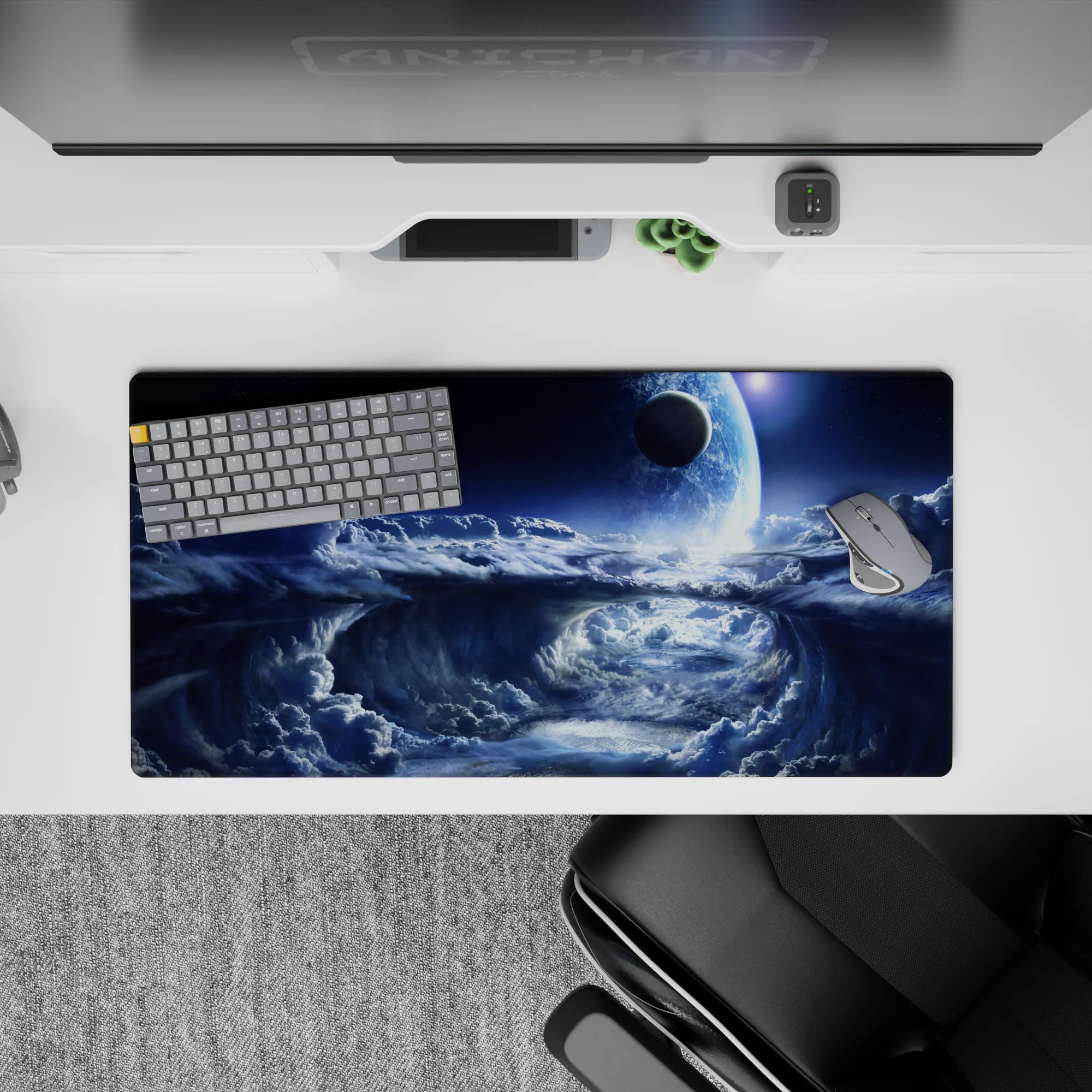 Cool blue to deep navy cosmic calm mouse pad, 32x16 inches, soft silver haze for a dreamy desk vibe.