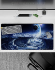 Cool blue to deep navy cosmic calm mouse pad, 32x16 inches, soft silver haze for a dreamy desk vibe.