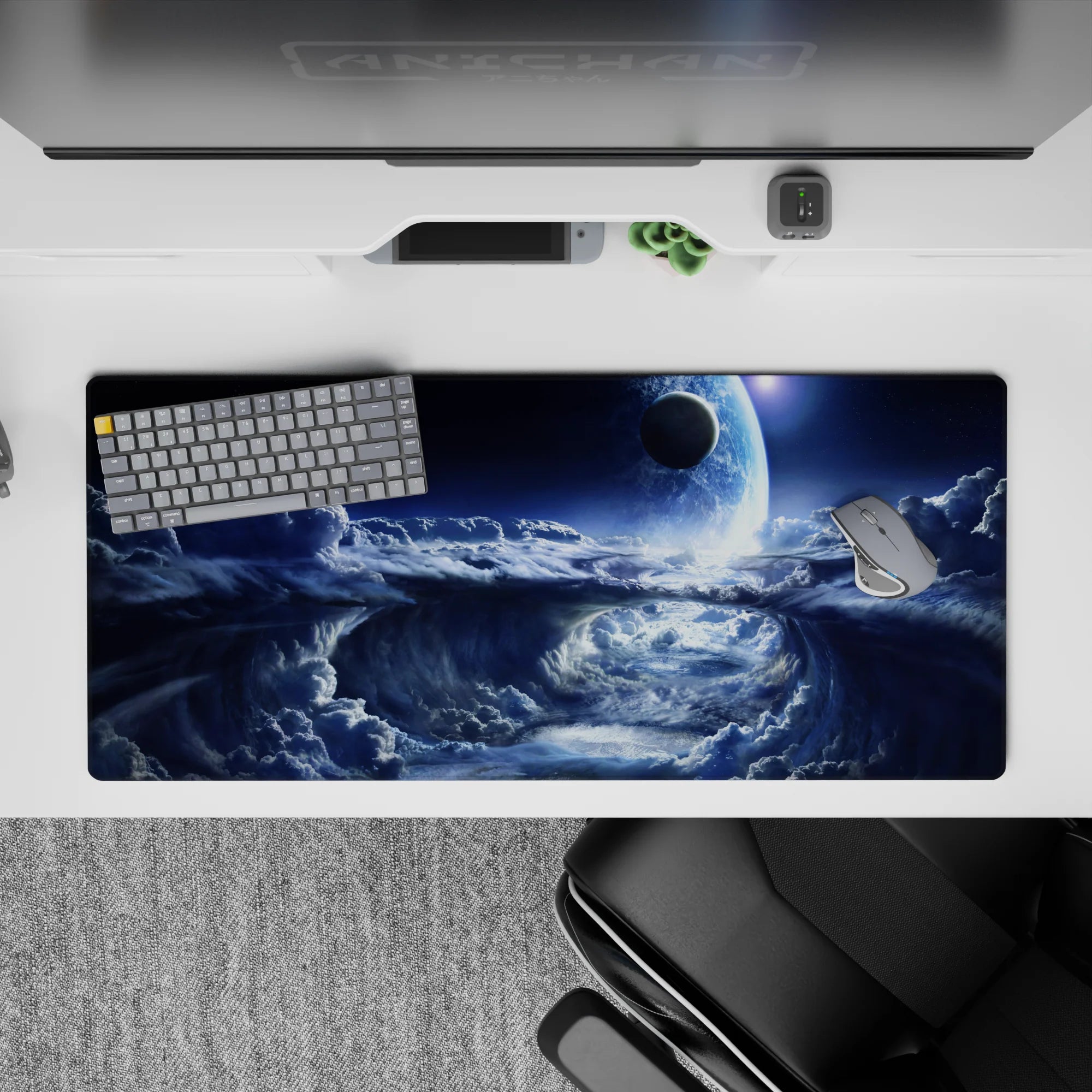 Cool blue to deep navy desk pad with silver mist edges for a calm cosmic mood, 36x16 inches.