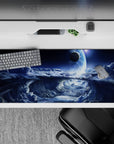 Cool blue to deep navy desk pad with silver mist edges for a calm cosmic mood, 36x16 inches.