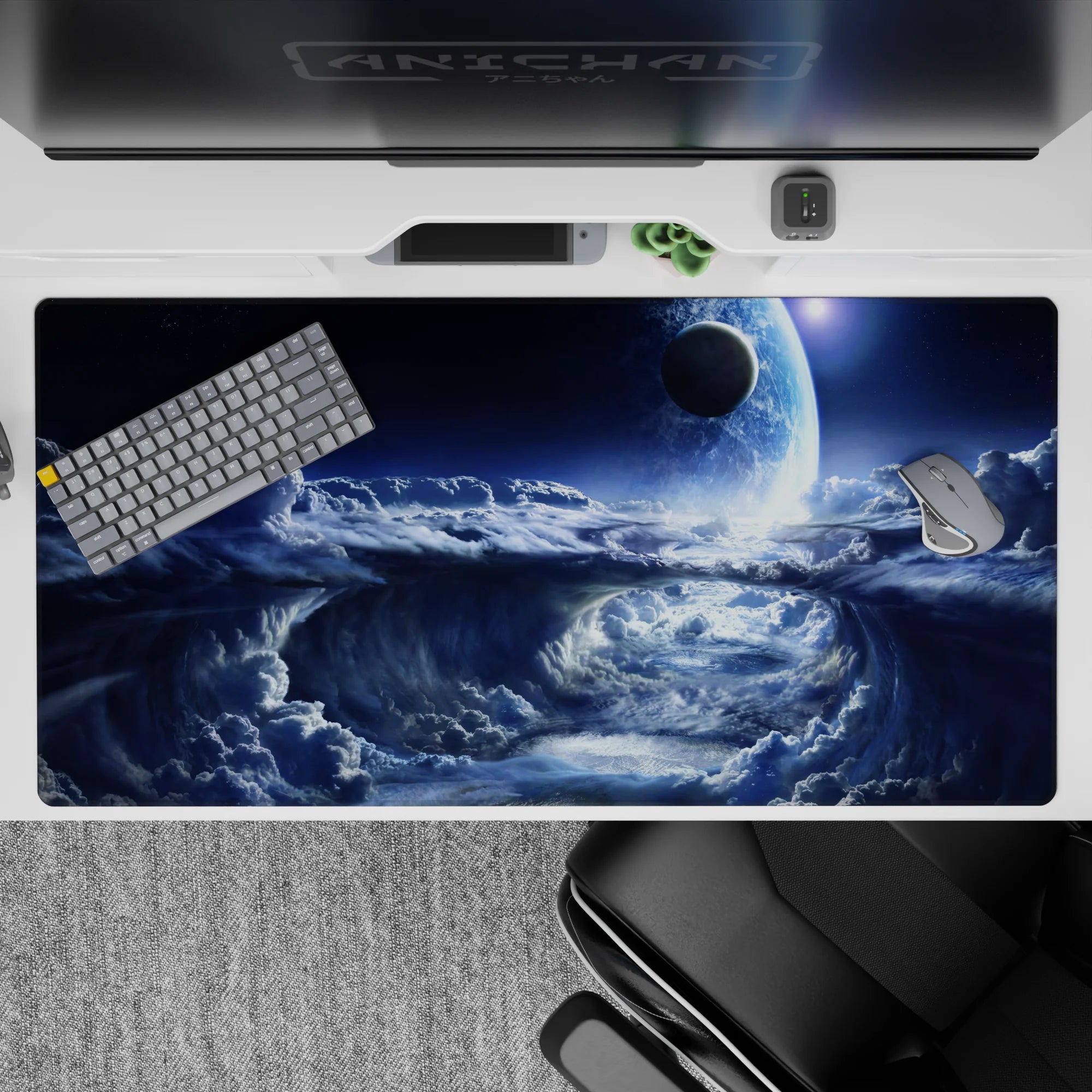 Cool blue to deep navy desk pad 40x20 inches with calming cosmic mood and soft silver mist accents.