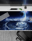 Cool blue to deep navy desk pad 40x20 inches with calming cosmic mood and soft silver mist accents.