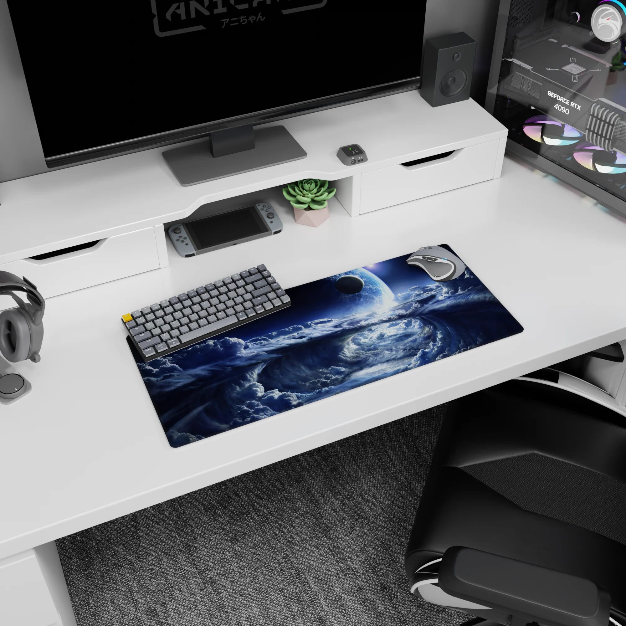 Glowing planet over swirling storm-cloud vortex extended gaming mouse pad, 28x12 inches.