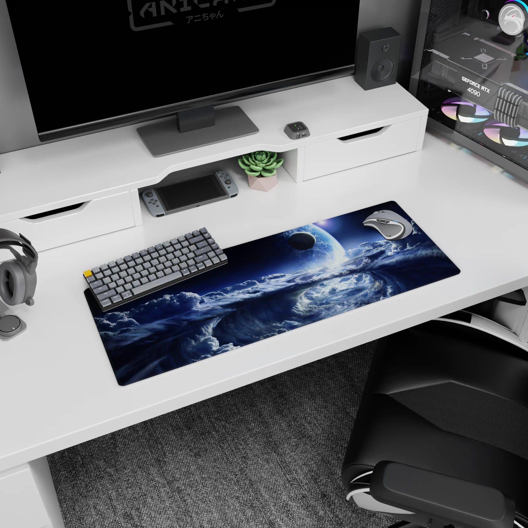 Glowing planet over swirling storm clouds desk mouse pad, 32x12 inches, in a dreamy midnight cosmos scene.