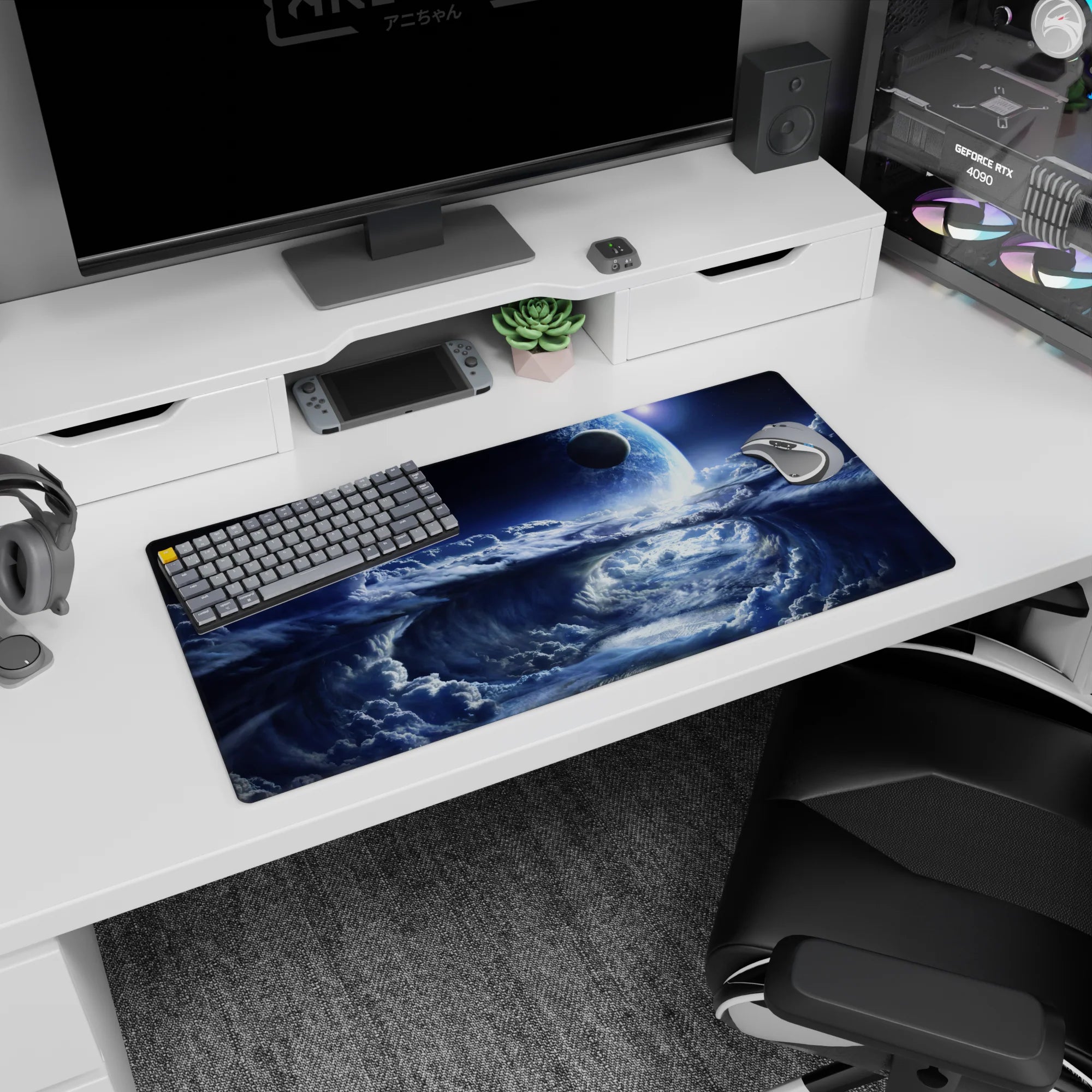 Glowing planet above swirling storm clouds mouse pad, 32x16 inches, vivid cosmic scene for gaming and work.