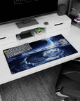 Glowing planet above swirling storm clouds mouse pad, 32x16 inches, vivid cosmic scene for gaming and work.