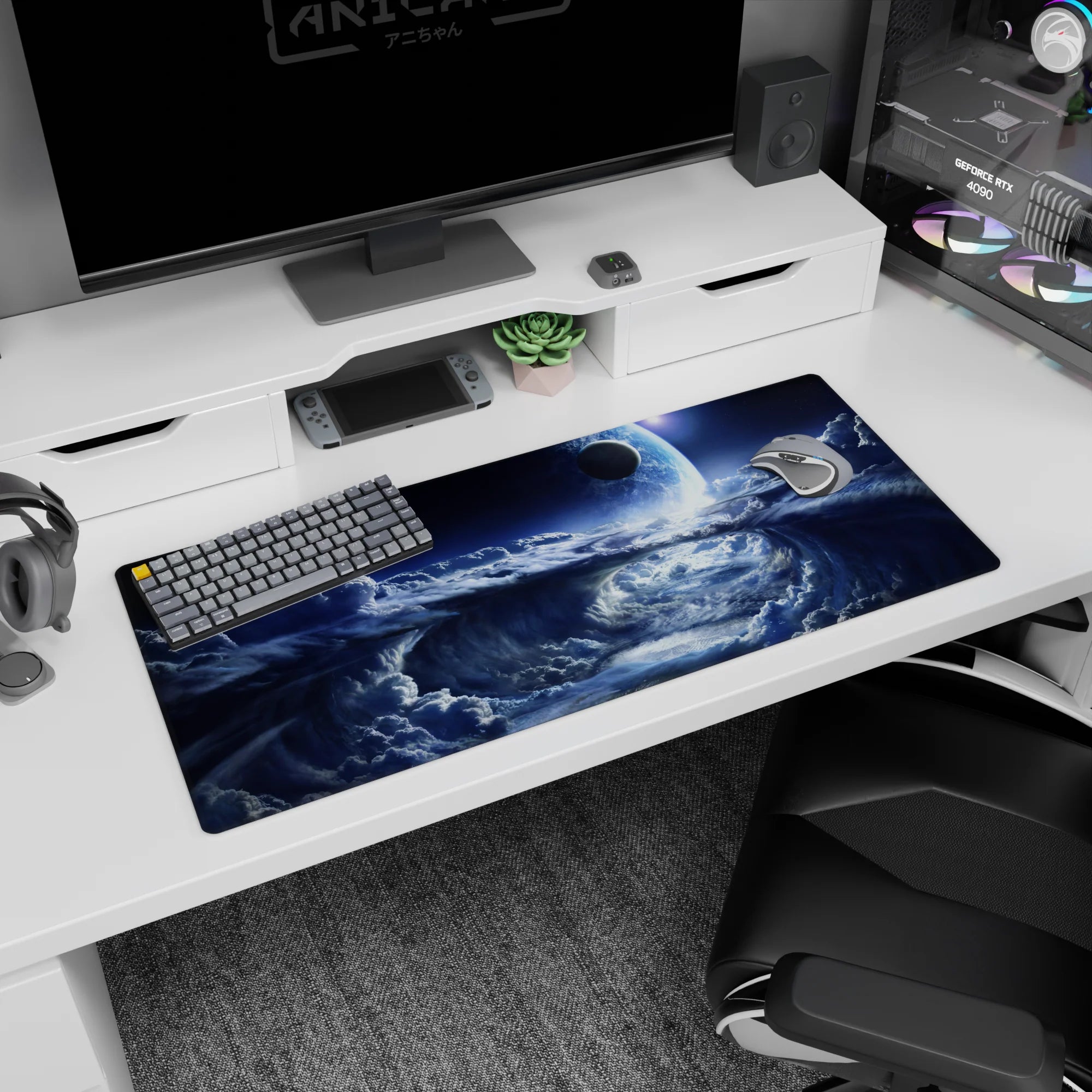 Glowing planet above swirling storm clouds desk pad, space sky scene, 36x16 inches.