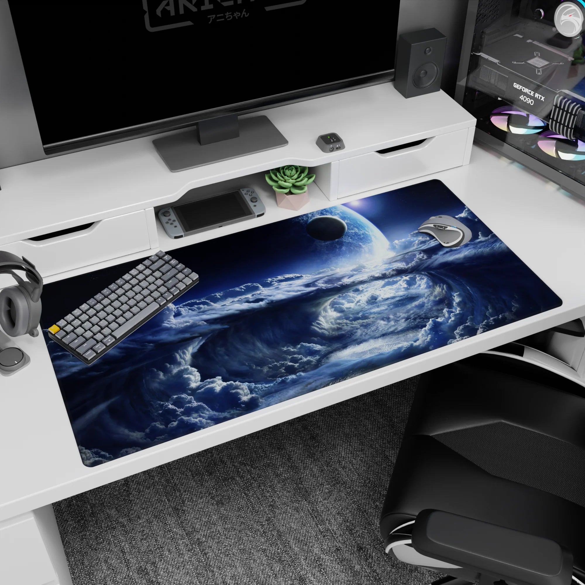 Glowing planet above swirling storm clouds desk pad 40x20 inches, dreamy cosmic scene for desk.