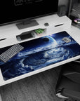 Glowing planet above swirling storm clouds desk pad 40x20 inches, dreamy cosmic scene for desk.