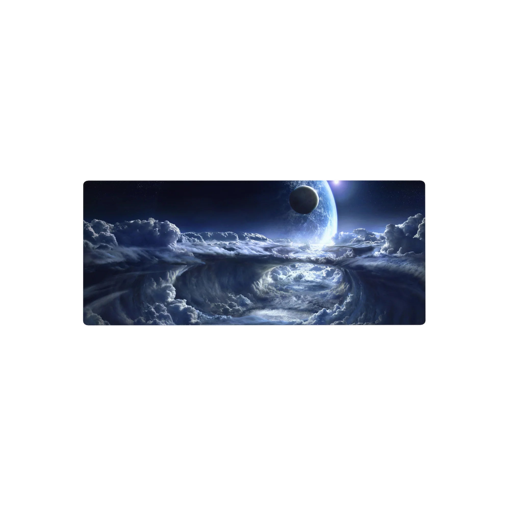 Midnight sky spiral storm clouds and glowing planet desk mouse pad, 28x12 inches.