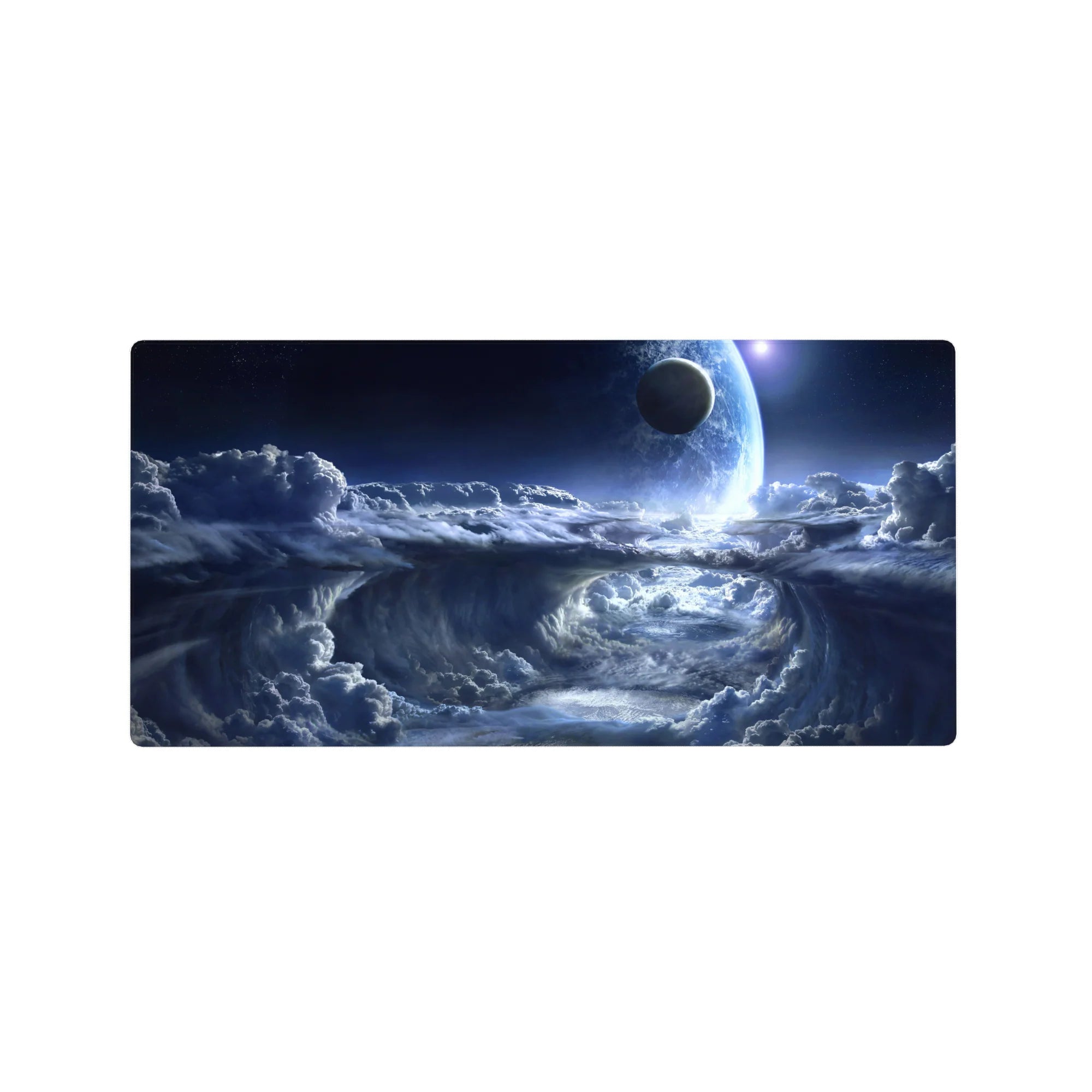 Midnight sky spiral storm cloud mouse pad, 32x16 inches, with glowing planet and silver mist edges.