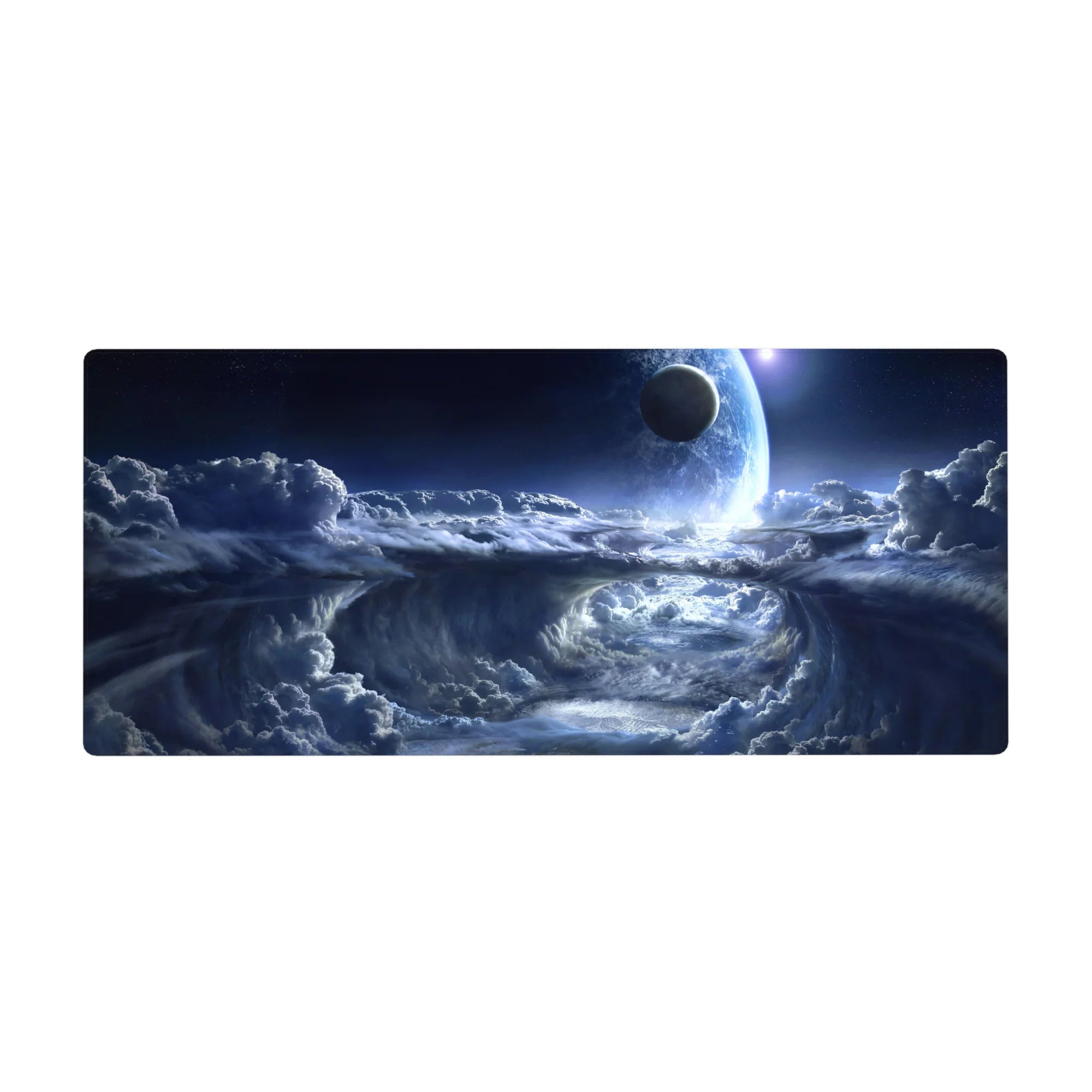 Midnight spiral storm clouds and glowing planet cosmic desk pad, 36x16 inches.