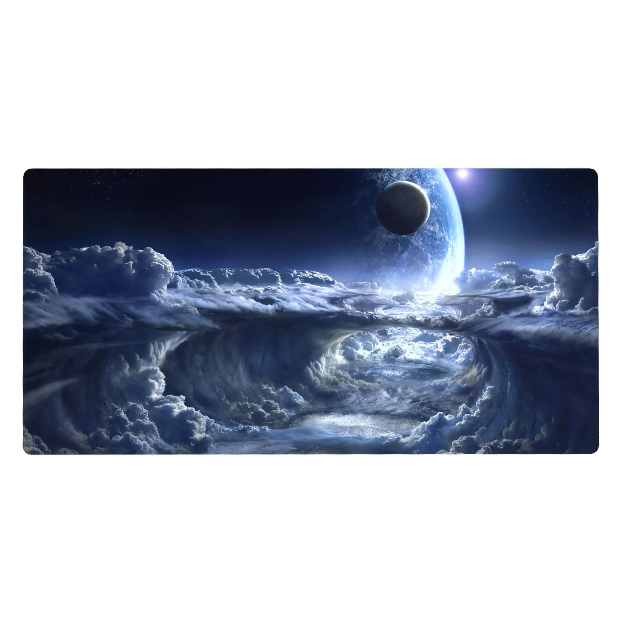 Midnight sky spiral desk pad 40x20 inches with storm clouds, silver mist edges, and a glowing planet.