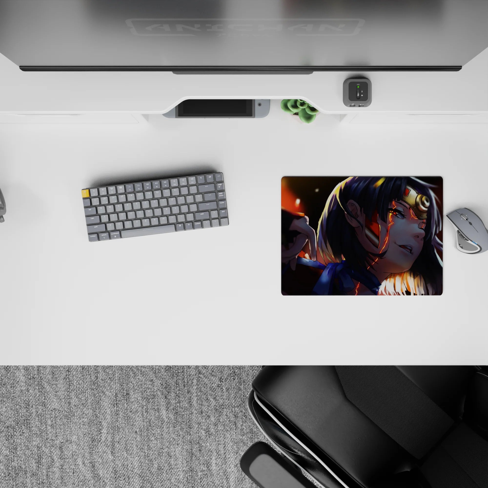 Warm orange glow anime girl mouse pad 14x10 inches, deep shadows, dramatic late-night action mood.