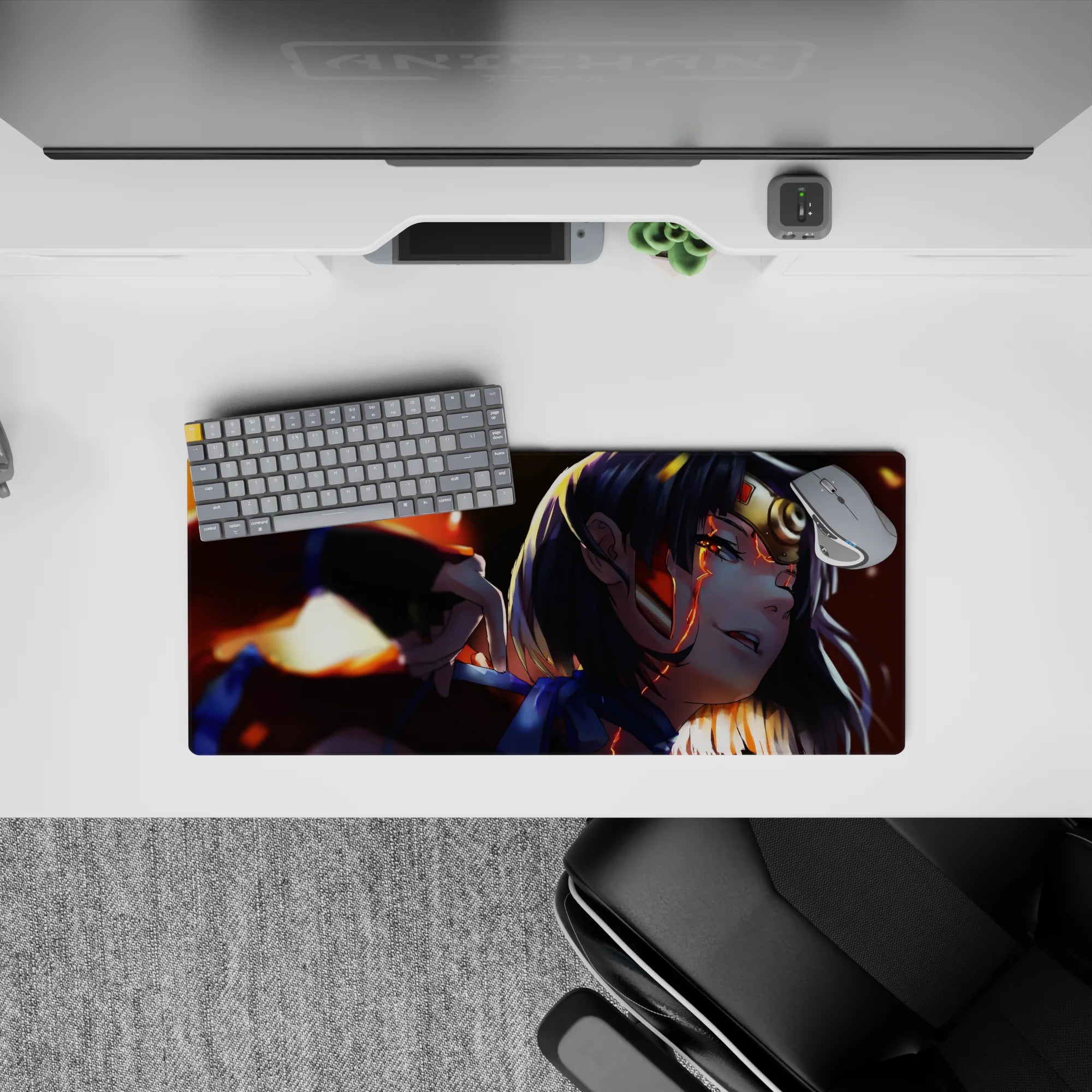 28x12 inches anime girl mouse pad in warm orange glow, deep shadows, and molten highlights for a moody desk.