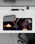 28x12 inches anime girl mouse pad in warm orange glow, deep shadows, and molten highlights for a moody desk.