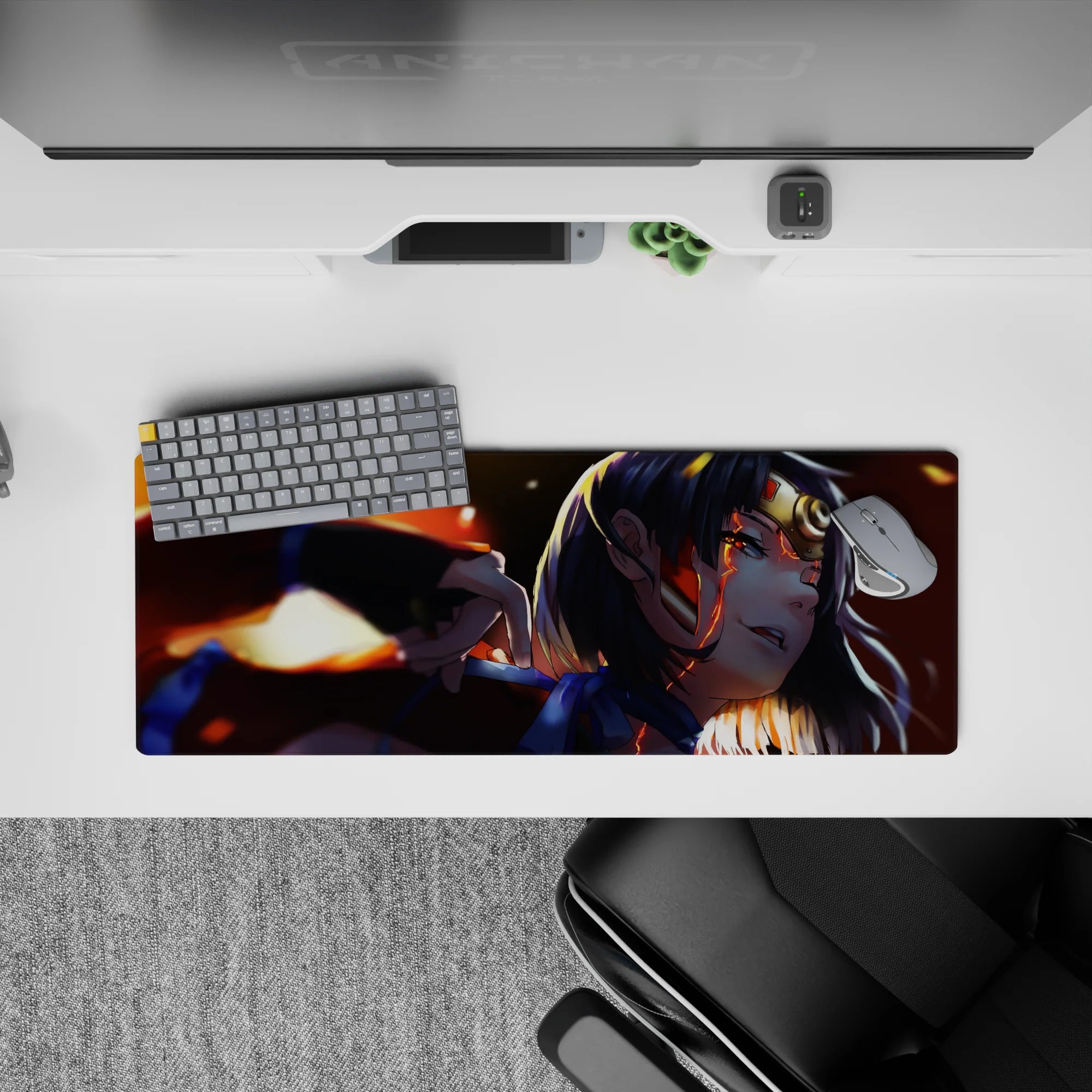 32x12 inches anime girl mouse pad in warm orange glow, deep shadows, and molten highlight gradients.