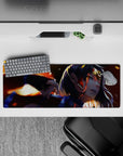 32x12 inches anime girl mouse pad in warm orange glow, deep shadows, and molten highlight gradients.