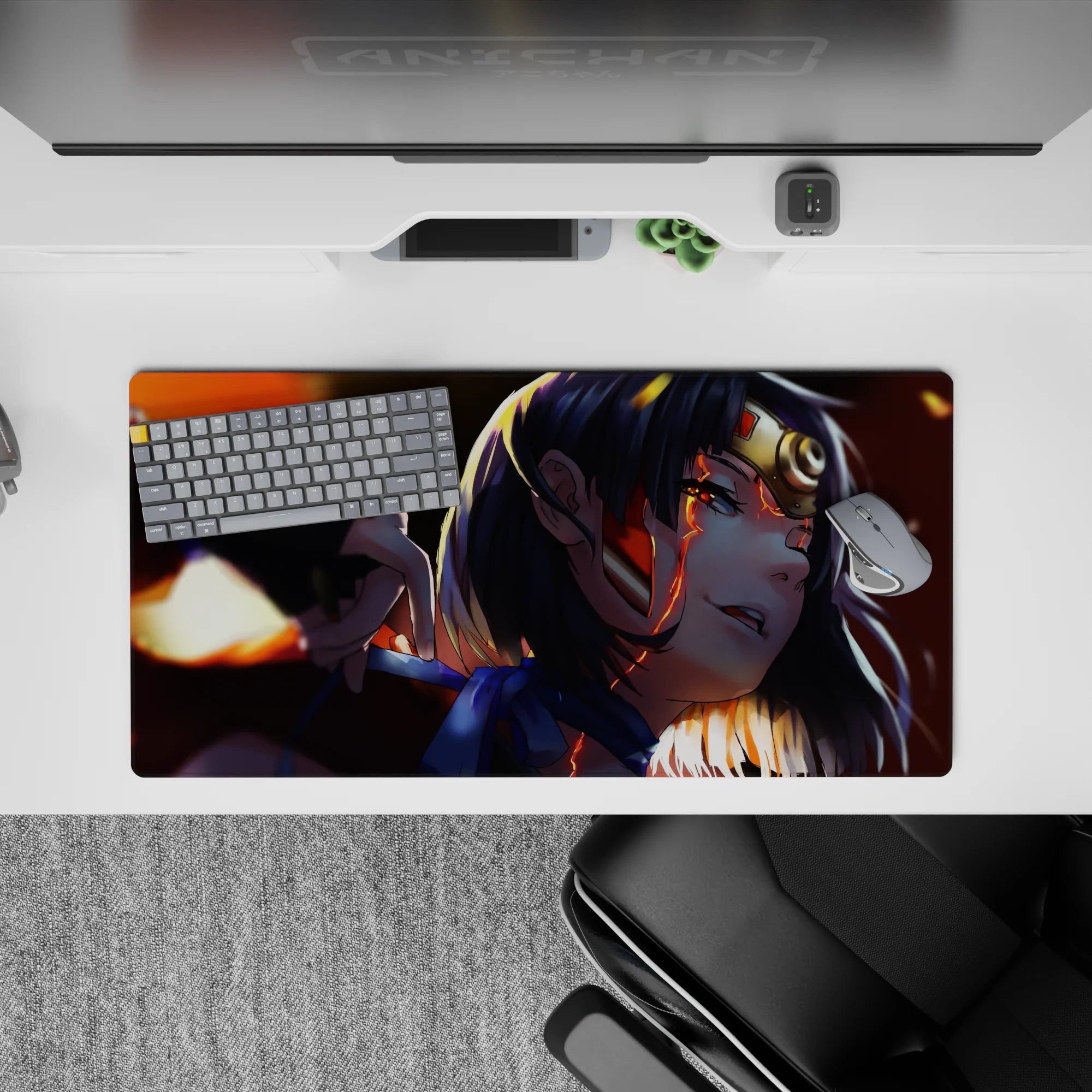 32x16 inches anime girl mouse pad in warm orange glow and deep shadows, late-night action mood.