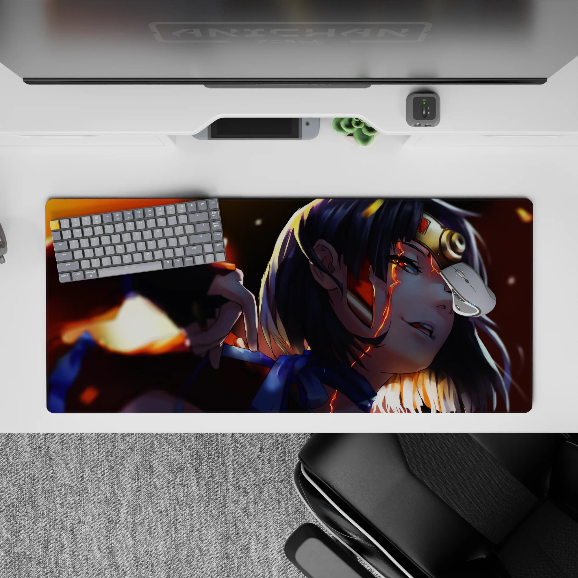 Anime girl desk pad 36x16 inches in warm orange glow and deep shadows, fiery late-night action mood.