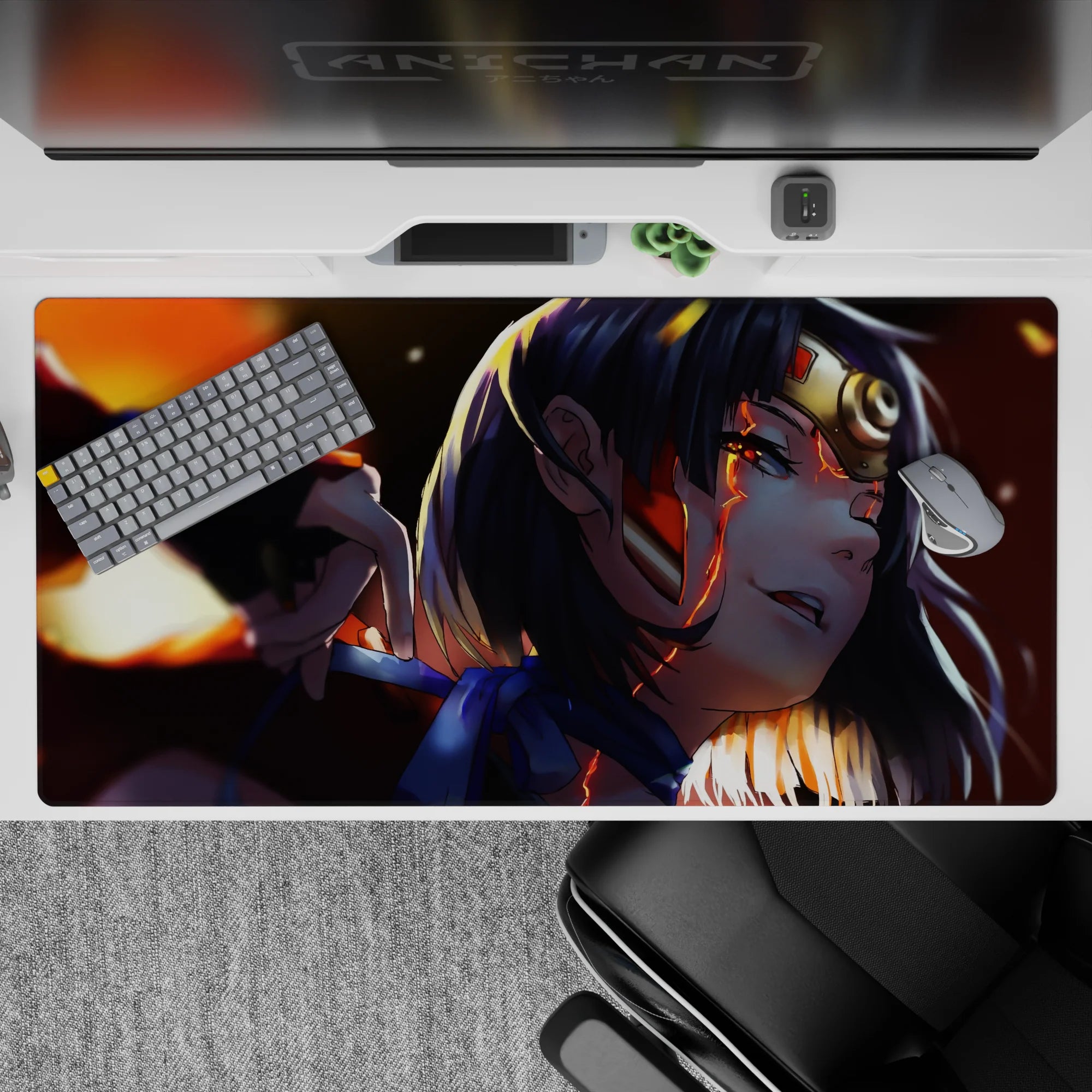Anime girl desk pad 40x20 inches in warm orange glow, deep shadows, and molten highlights for a dramatic vibe.