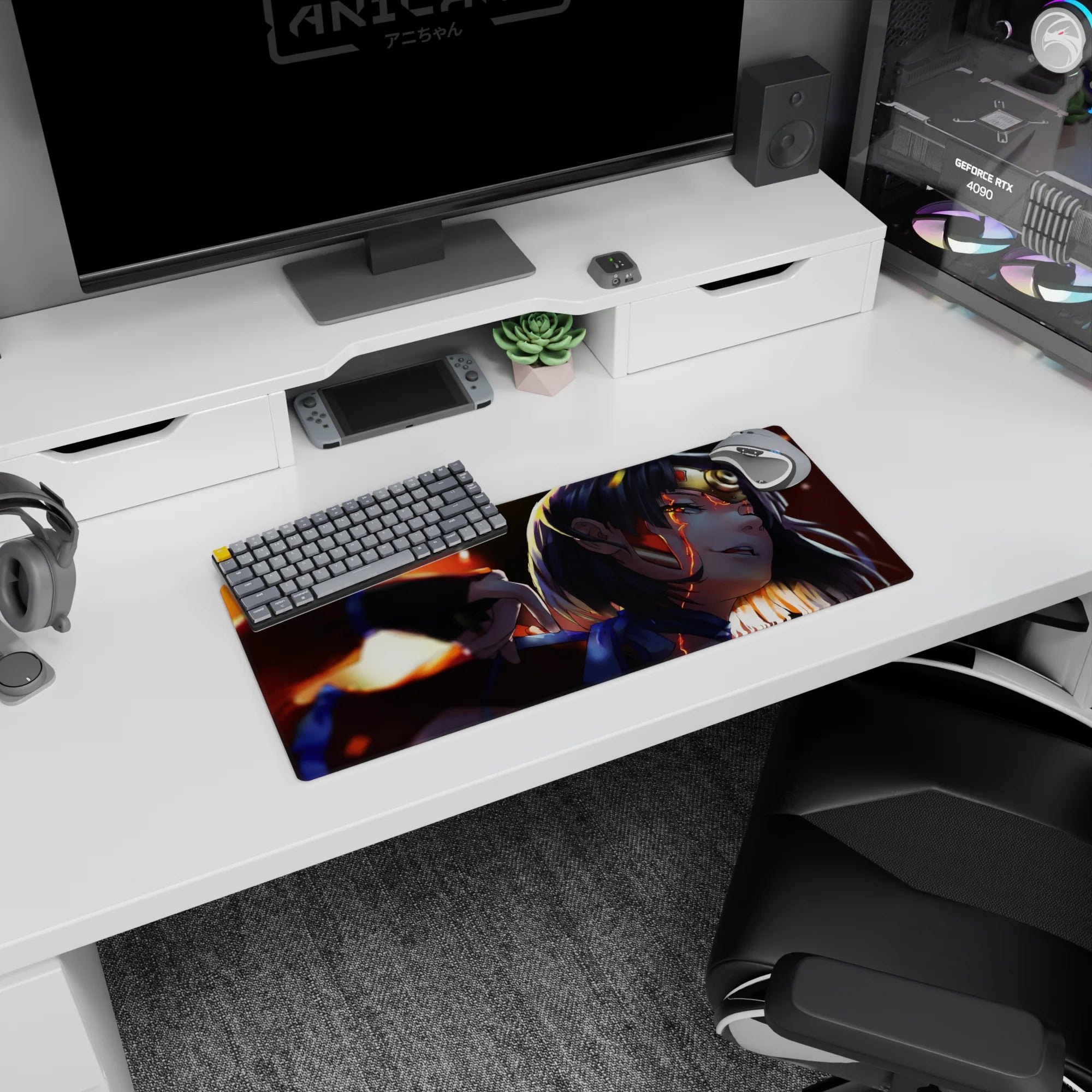 28x12 inches anime girl mouse pad featuring a dark-haired, fierce almost-smiling heroine in dramatic light.