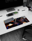 28x12 inches anime girl mouse pad featuring a dark-haired, fierce almost-smiling heroine in dramatic light.