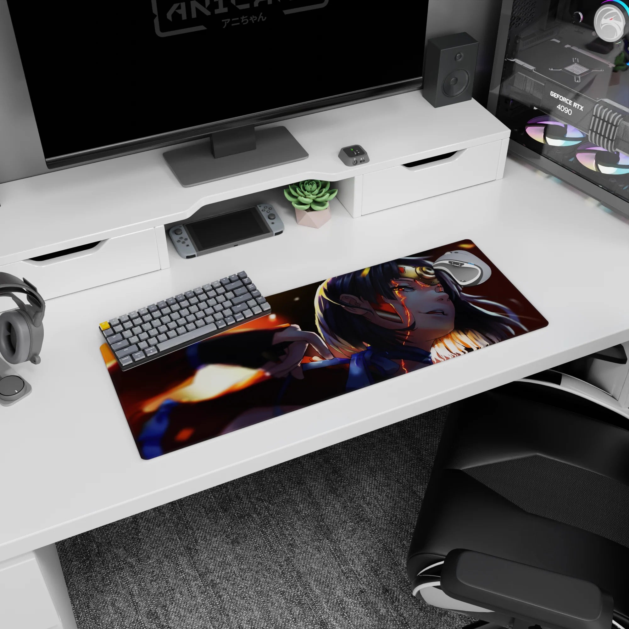 32x12 inches anime girl mouse pad featuring dark-haired heroine with fierce near-smile in late-night action scene.