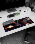 32x12 inches anime girl mouse pad featuring dark-haired heroine with fierce near-smile in late-night action scene.