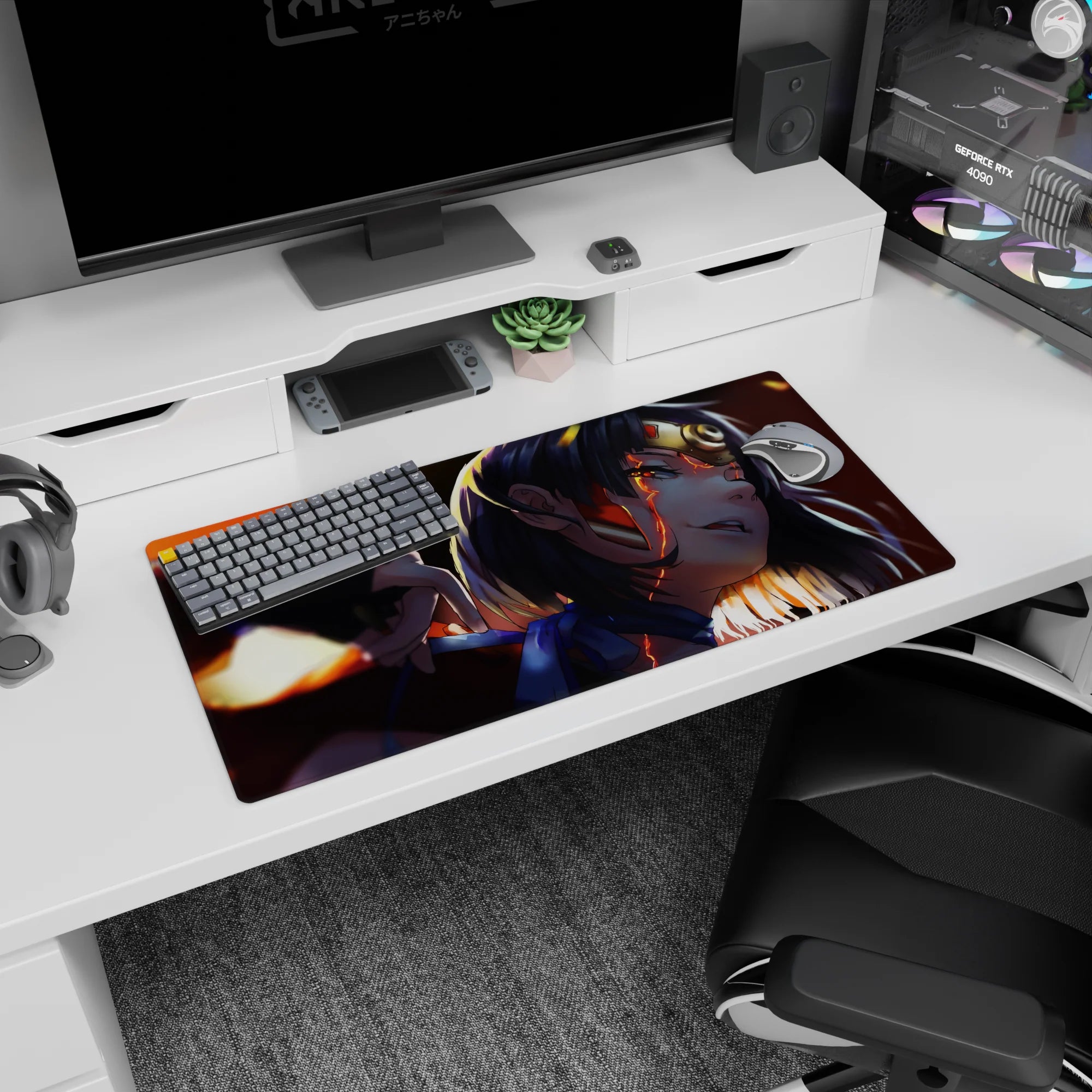 32x16 inches anime girl mouse pad featuring a dark-haired girl with a fierce near-smile, molten highlights.