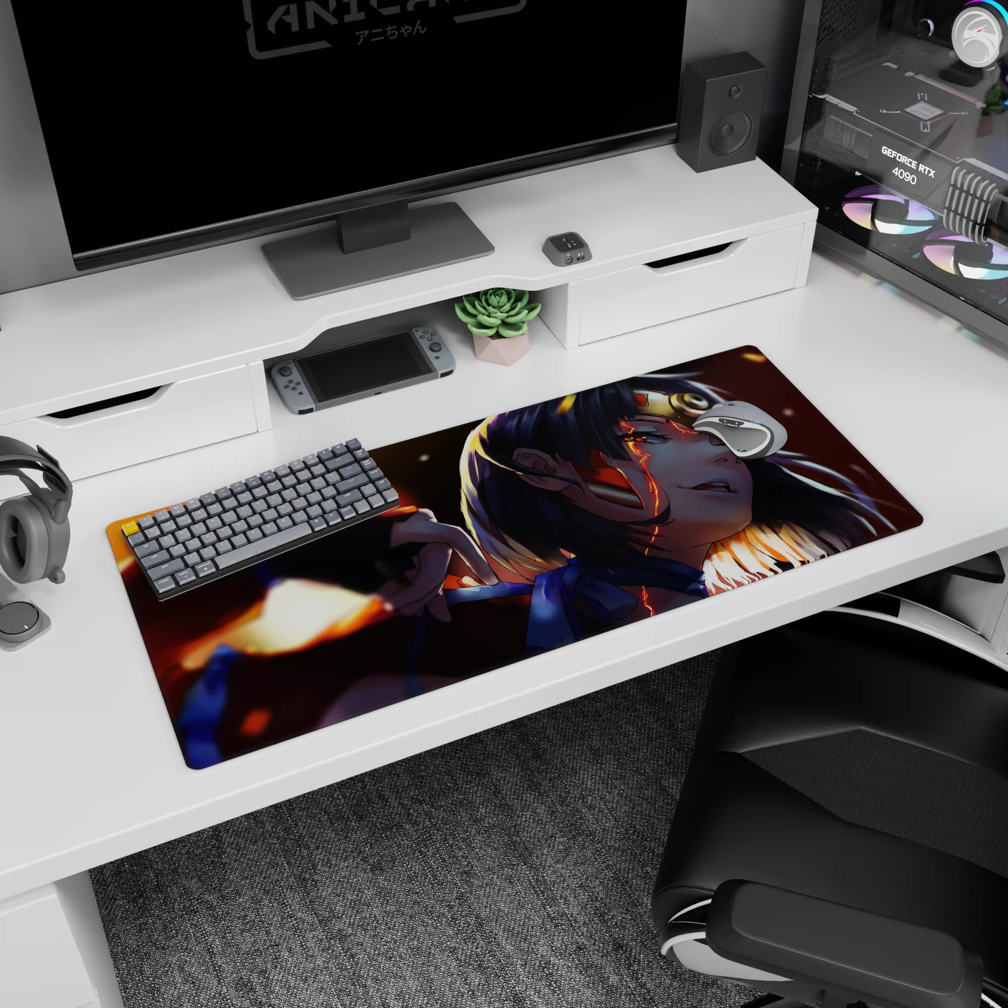 Anime girl desk pad 36x16 inches featuring dark-haired fighter with fierce half-smile in dramatic light.