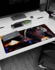 Anime girl desk pad 36x16 inches featuring dark-haired fighter with fierce half-smile in dramatic light.