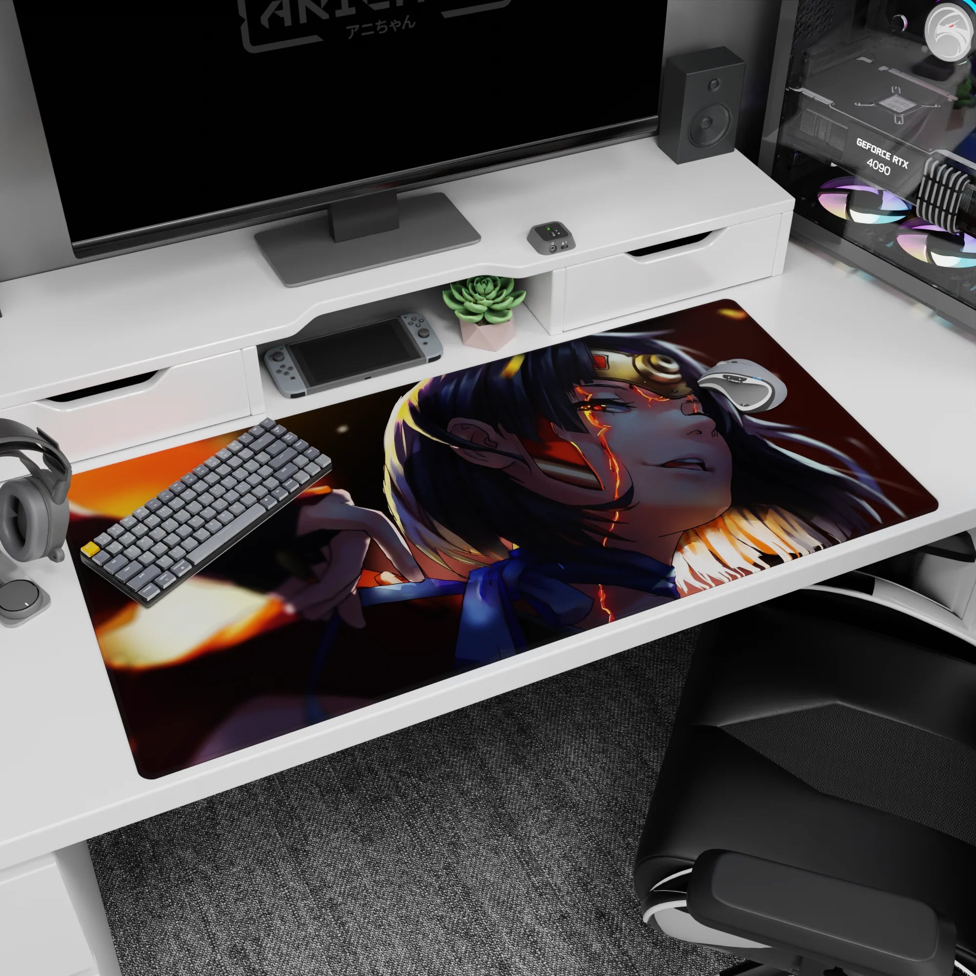 Anime girl desk pad 40x20 inches featuring dark-haired heroine with fierce near-smile in late-night action lighting.