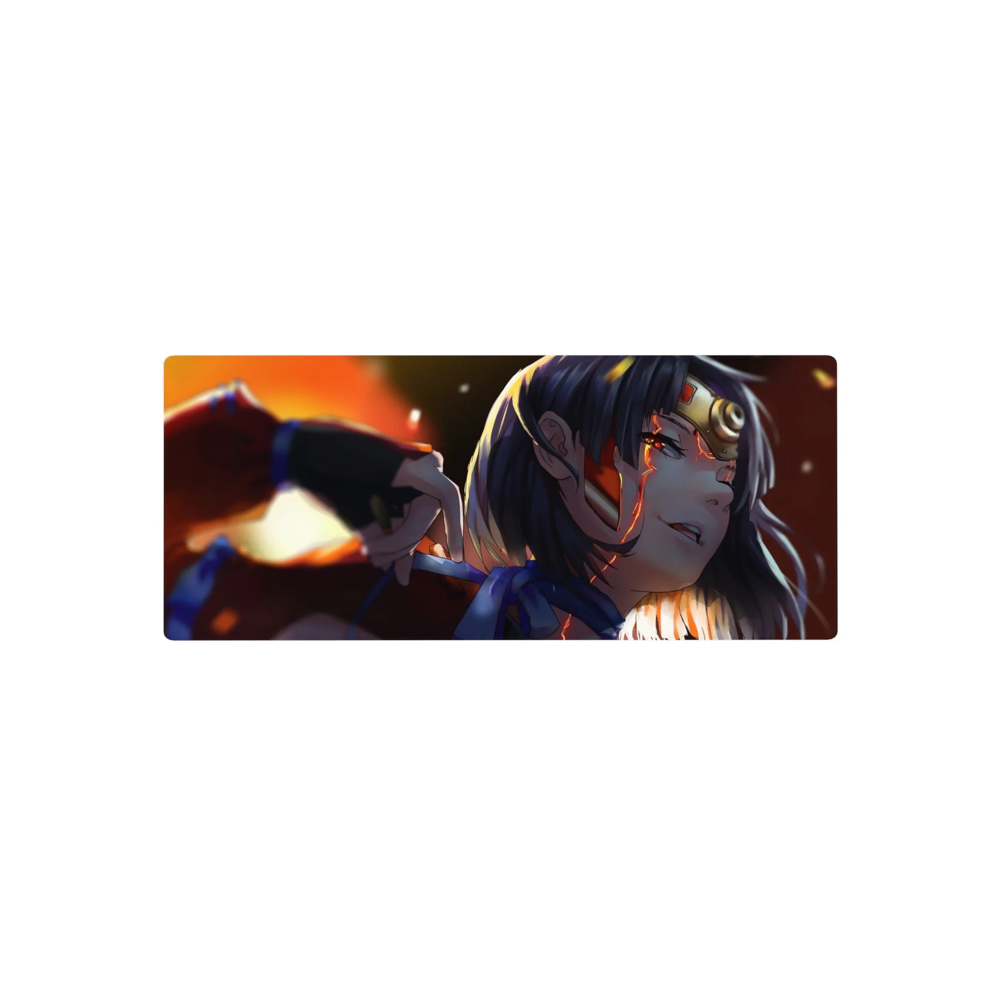 Anime girl mouse pad 28x12 inches with fiery spark-streak background and sleek late-night action style.
