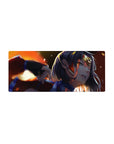 Anime girl mouse pad 28x12 inches with fiery spark-streak background and sleek late-night action style.