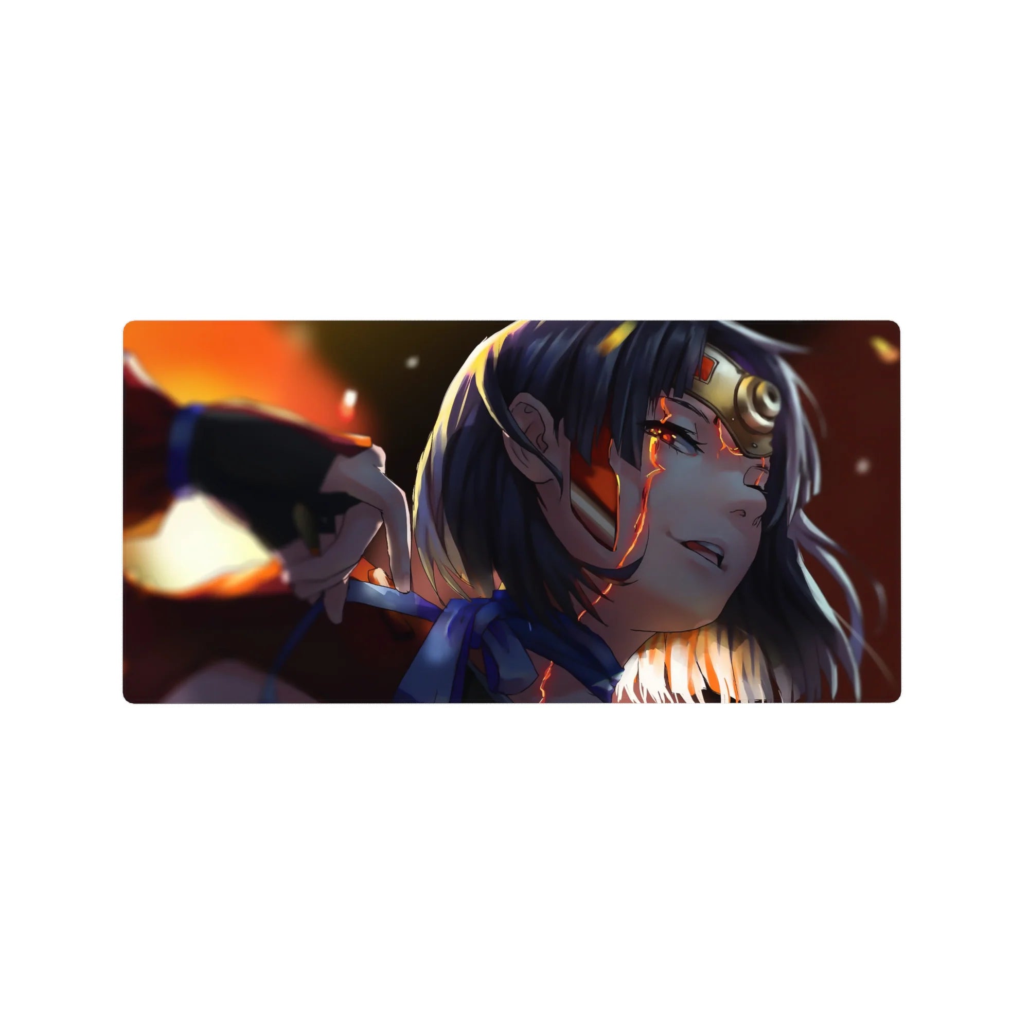 32x16 inches anime girl mouse pad with fiery spark-streak design, smooth gradients, and dark-haired heroine.
