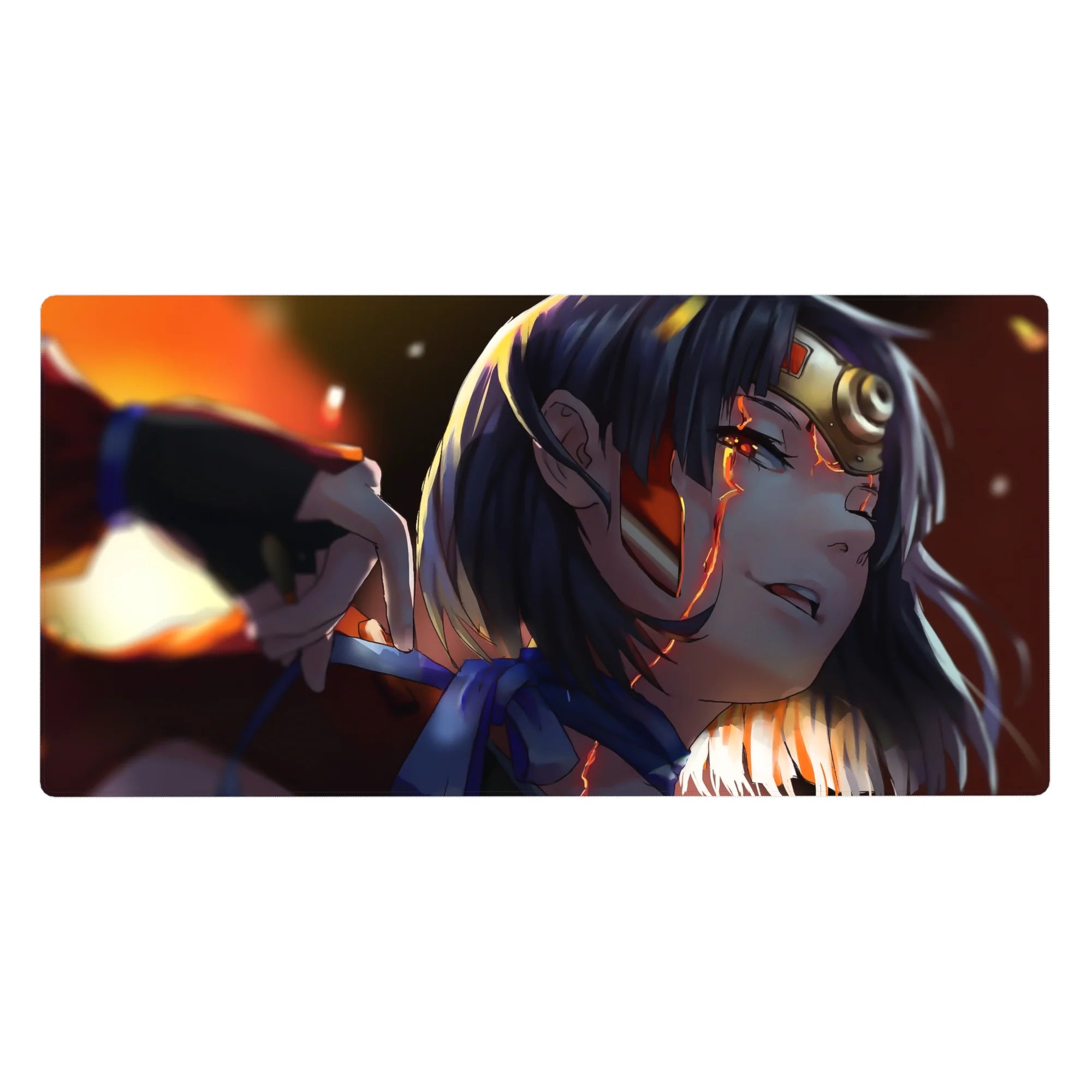 Anime girl desk pad 40x20 inches with fiery spark-streak background and smooth gaming surface.