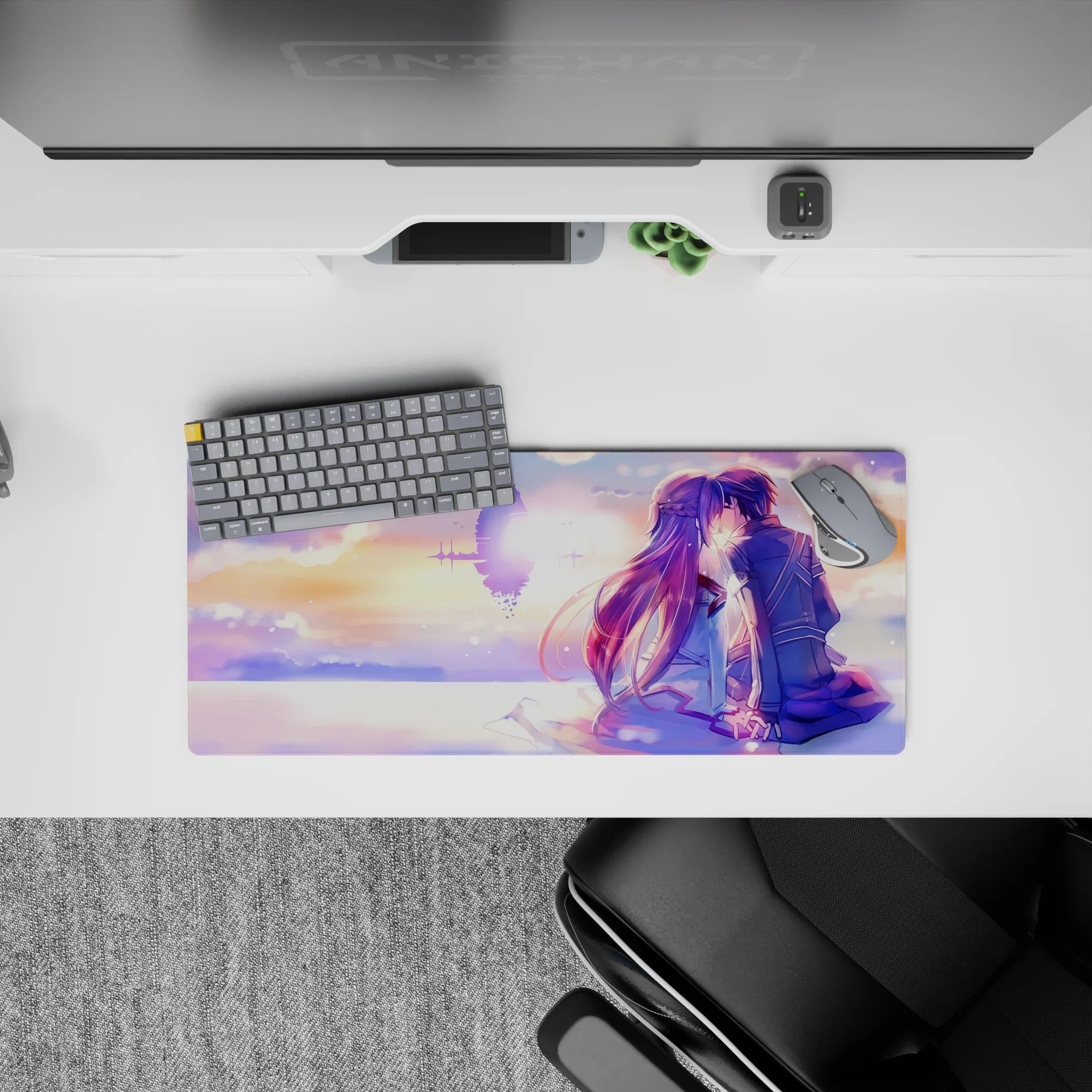 28x12 inches anime mouse pad in peach, lilac, and gold pastels with a calm romantic sci-fi stardust glow.