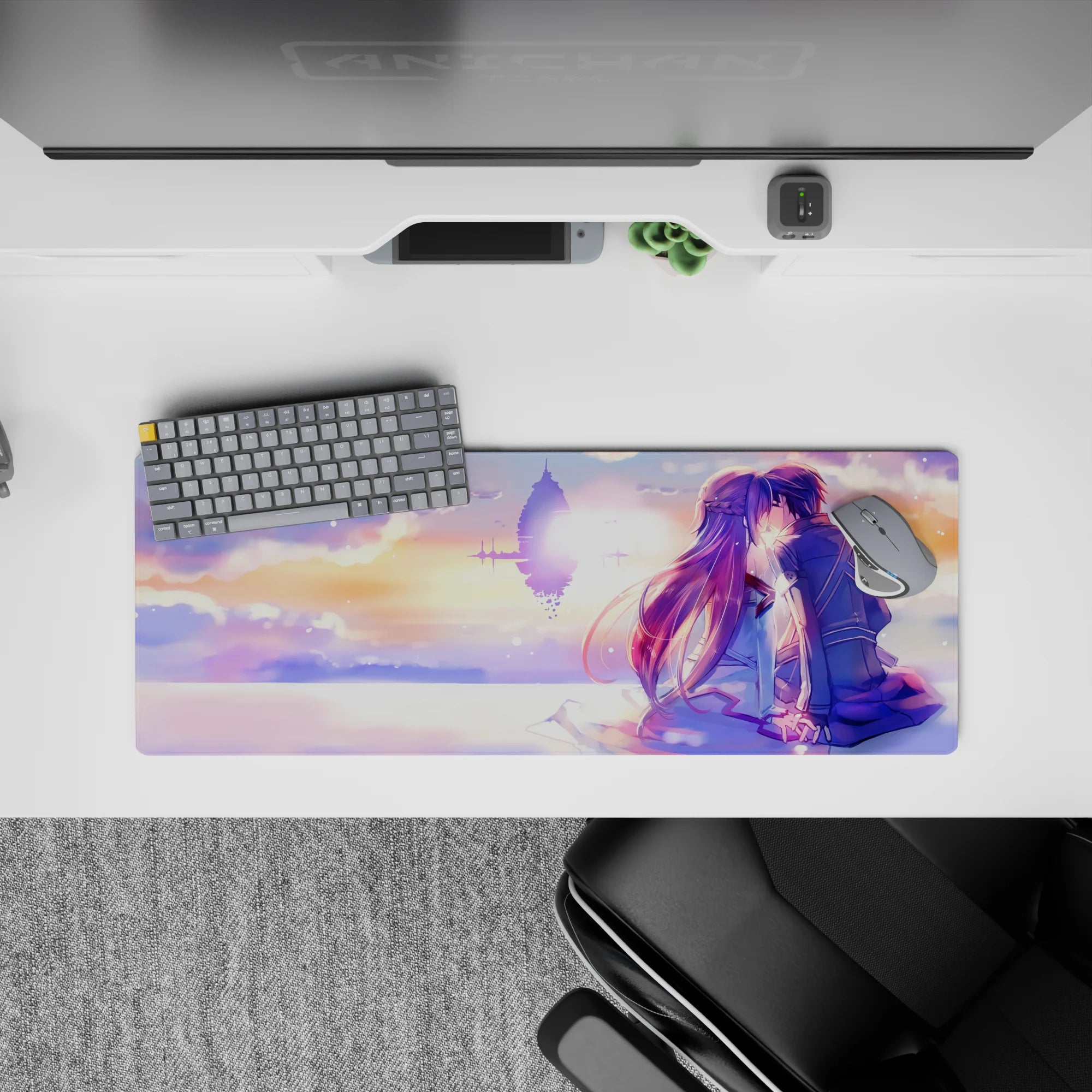 32x12 inches anime mouse pad in peach, lilac, and gold pastels with a calm romantic stardust glow.