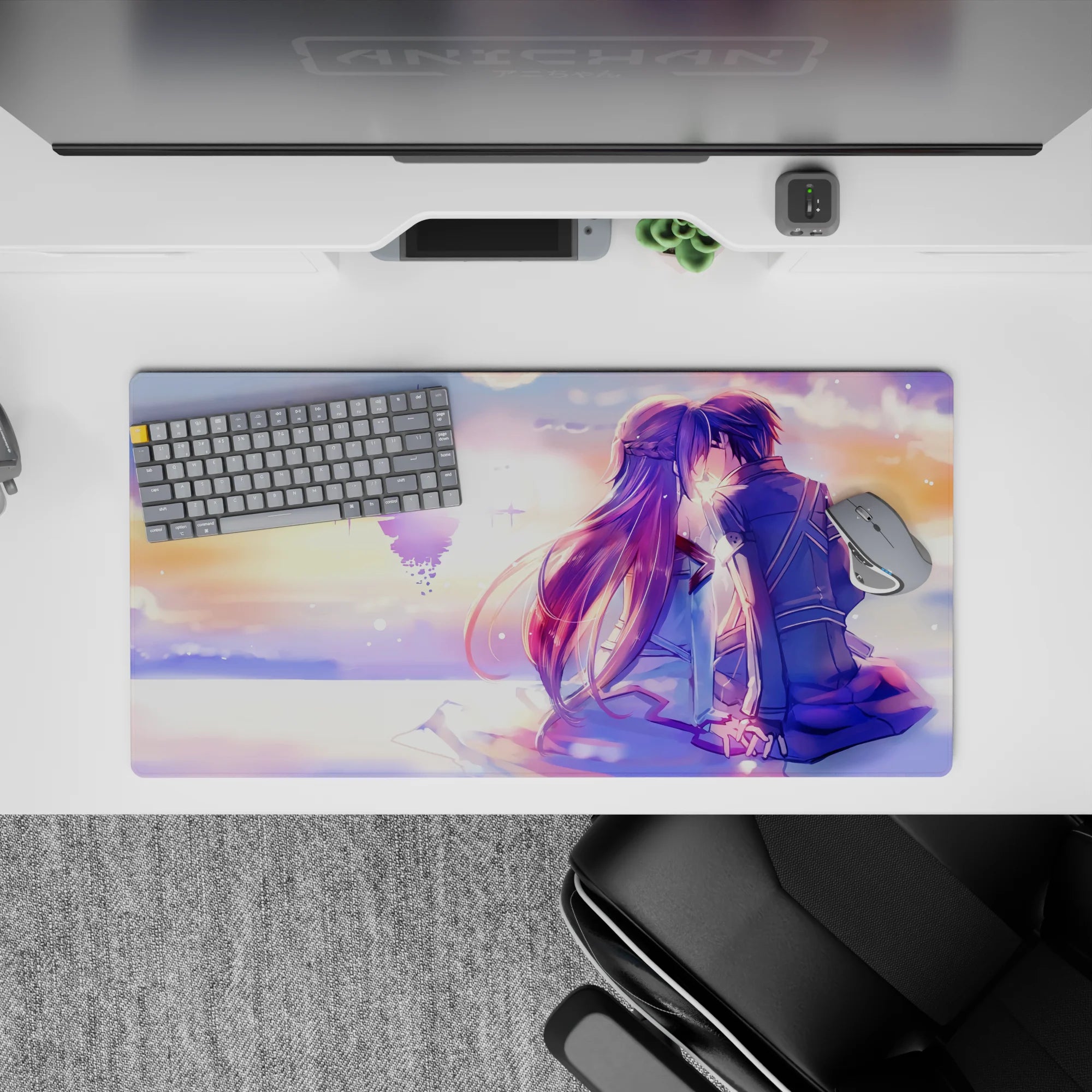 32x16 inches anime mouse pad in peach, lilac, and gold pastels with a dreamy romantic sci-fi stardust glow.