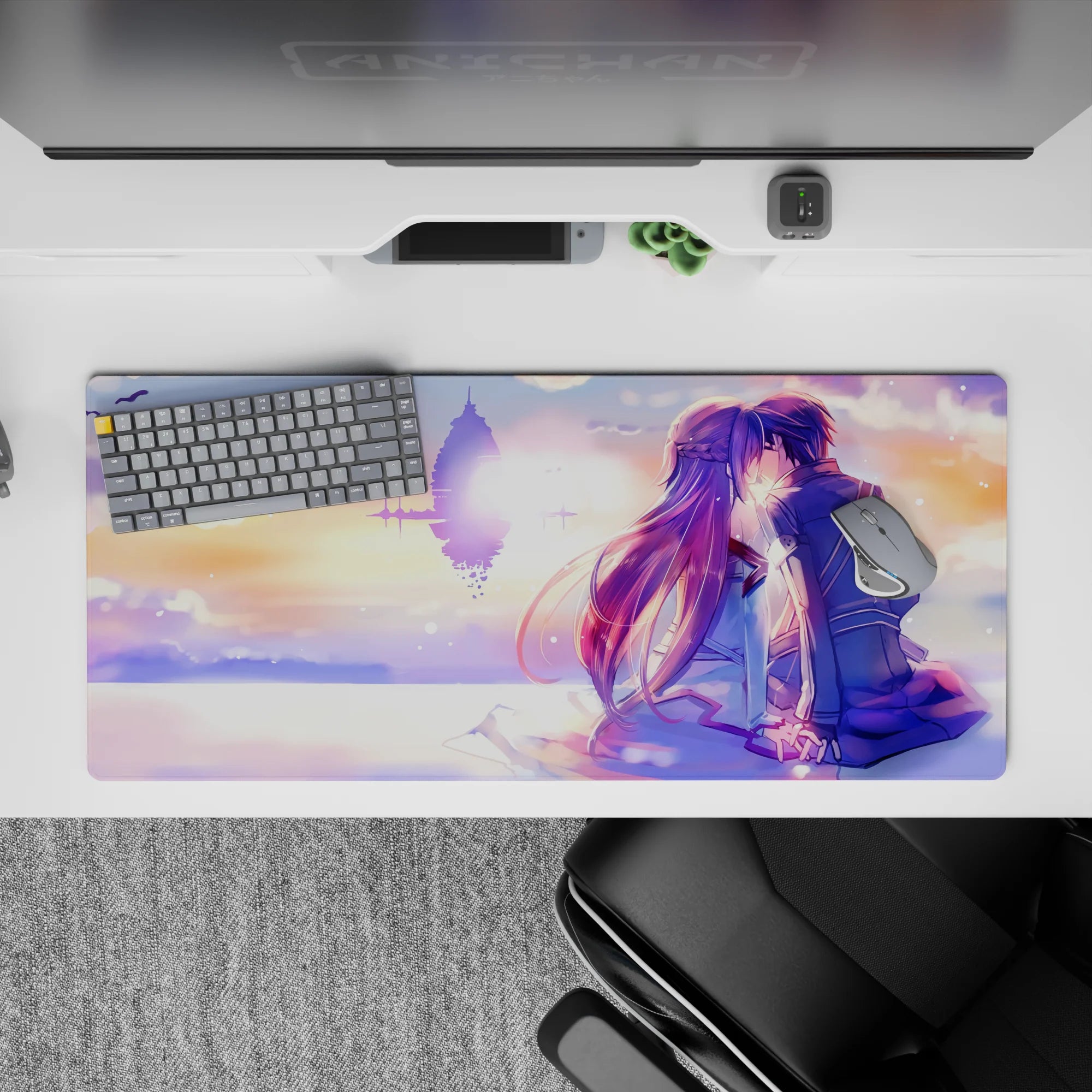 36x16 inches anime desk pad in peach, lilac, and gold pastels with a dreamy romantic sci-fi glow.