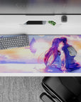 36x16 inches anime desk pad in peach, lilac, and gold pastels with a dreamy romantic sci-fi glow.