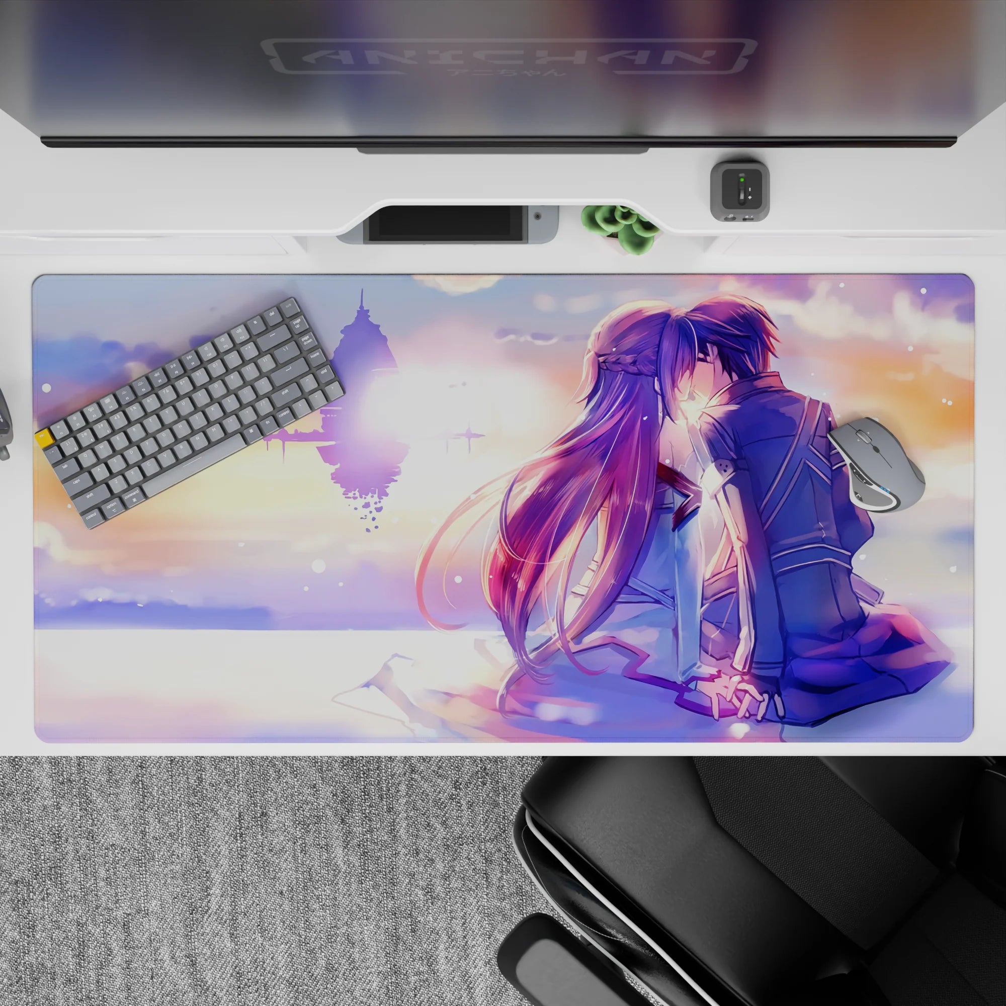 40x20 inches anime mouse pad in peach, lilac, and gold pastels, dreamy romantic stardust glow.