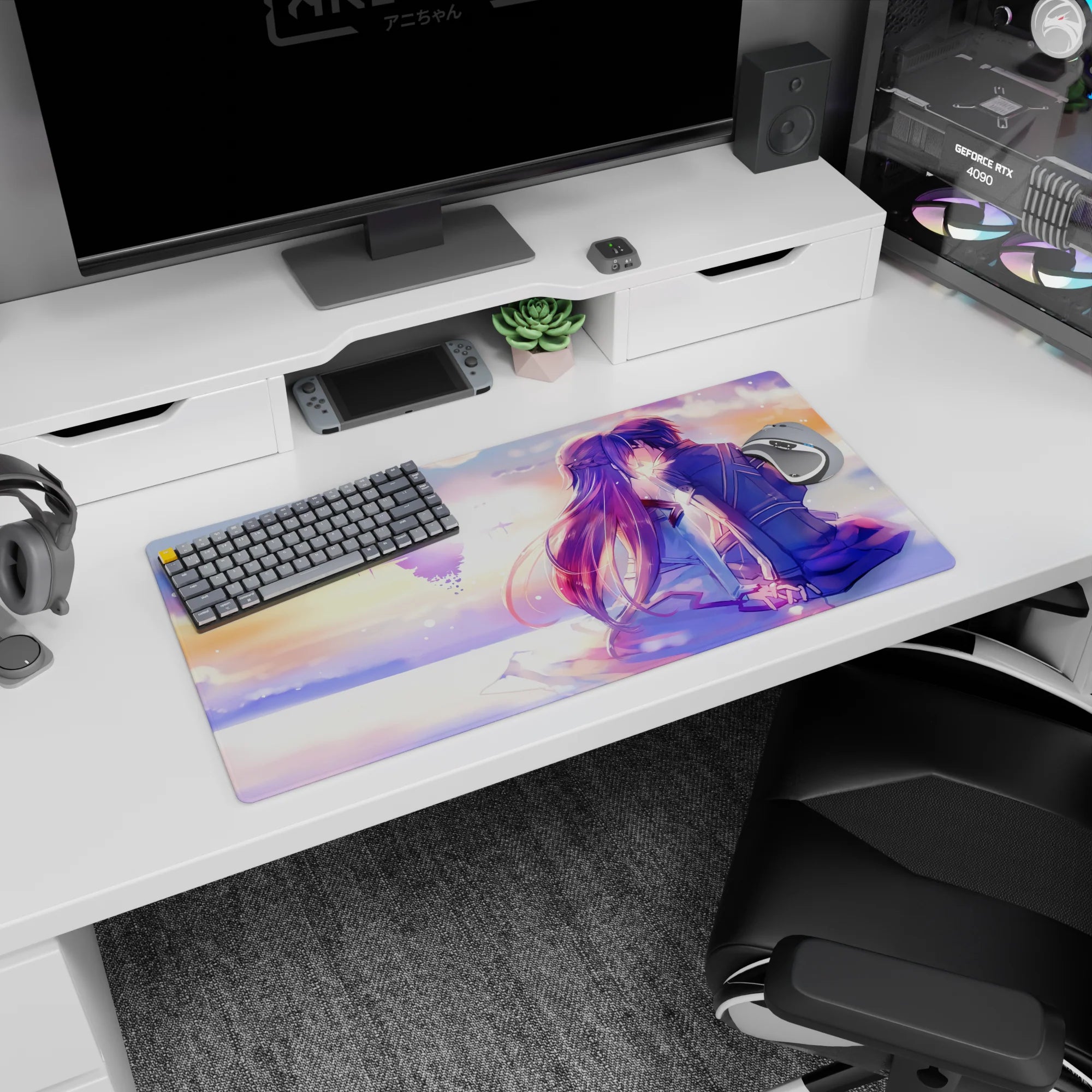 32x16 inches anime mouse pad showing lovers holding hands, her long violet hair flowing as they share a kiss.